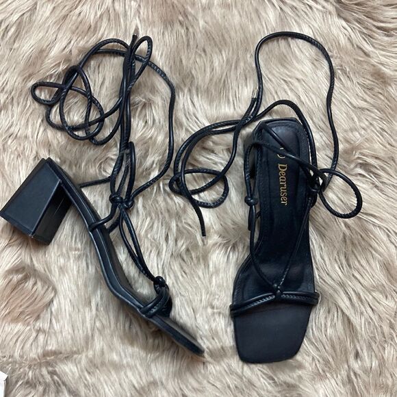 Dearuser Square Open Toe Lace up Wrap Chunky High Heels Strappy Block Sandals - Picture 2 of 13